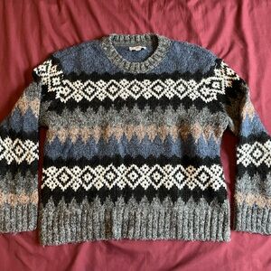 Evereve Blue Grey Fair Isle Crewneck Sweater